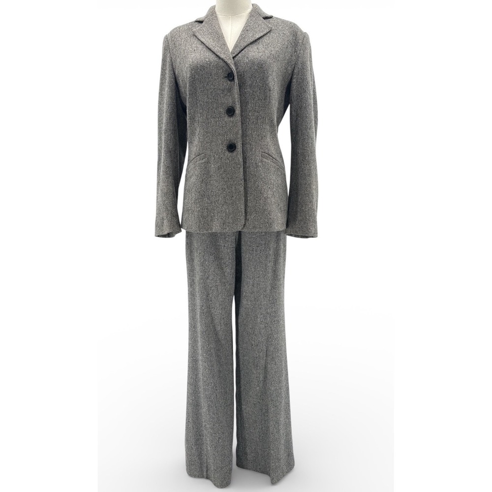 Talbots Italian Fabric Wool Blend Pant Suit & Blazer 6 Gray Herringbone Career